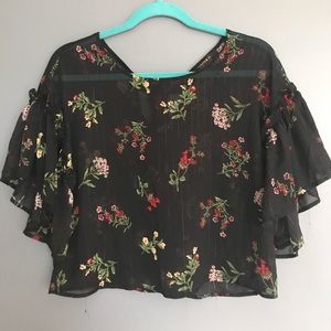 Cropped sheer floral top with flowy sleeves